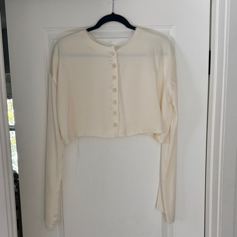 Cream Satin Cropped Raw Hem Top